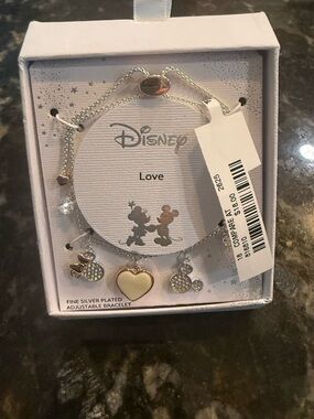 Disney Silver Tone Charm Bracelet with Cream Heart & Sparkling Mickey Charms